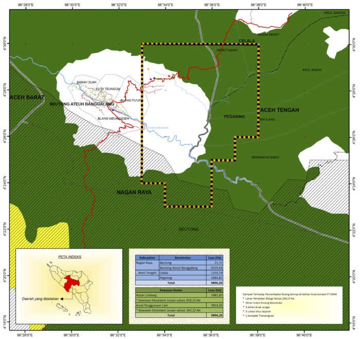 Investigation map of PT. Emas Mineral Murni in Nagan Raya and Central Aceh District