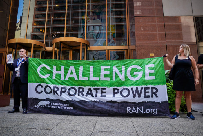 protest banner outside of a Chase bank