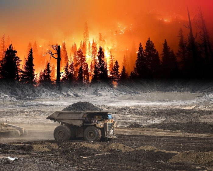 a composite image of a dump truck in front of burning forest