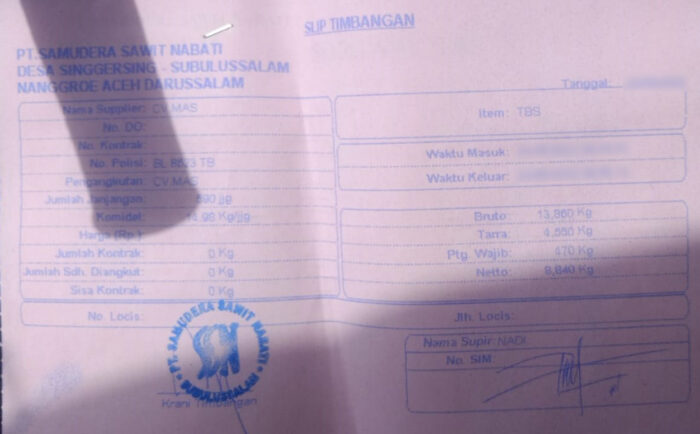 Receipt showing the palm oil broker CV Mas collects oil palm fruits from Le Meudama village and delivers truck loads of palm oil fruits to PT. Samudera Sawit Nabati mill.