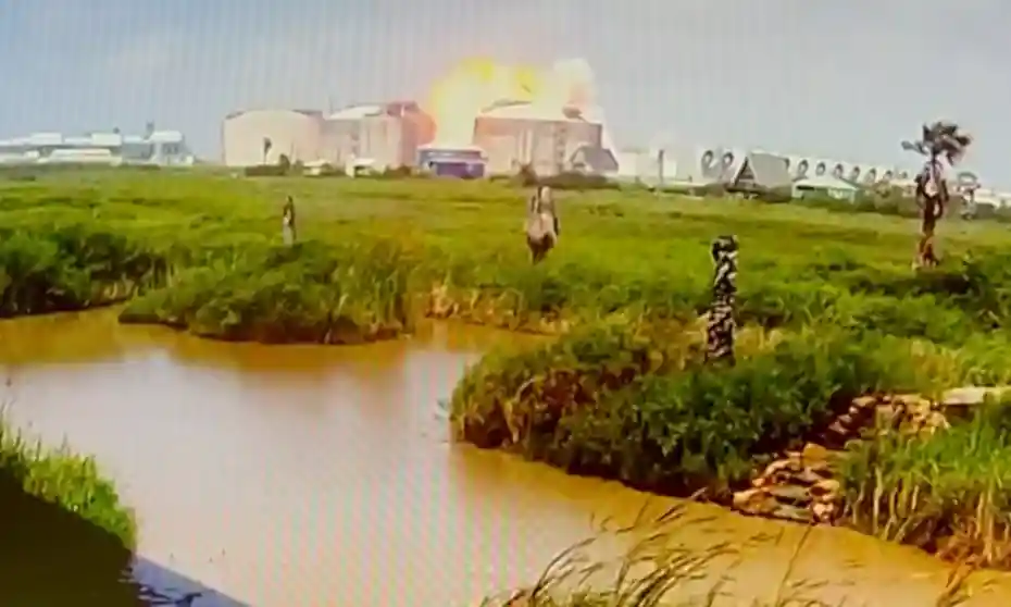 A view of the explosion at Freeport LNG on June 8, 2022. Flames are taller than the facility.