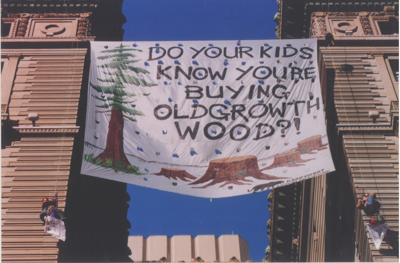 1998: RAN Direct Action Team deploying a banner at the Westin Hotel in San Francisco.