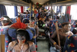 Indigenous leaders en route to a gathering and protest to stop plans for a dam on the Xingu River in Brazil